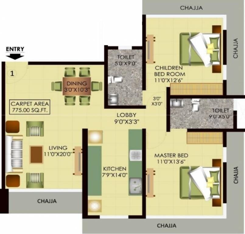 Floor plan of 2 BHK 1310 Sq. Ft. Apartment in Mayfair Page 3, Mumbai