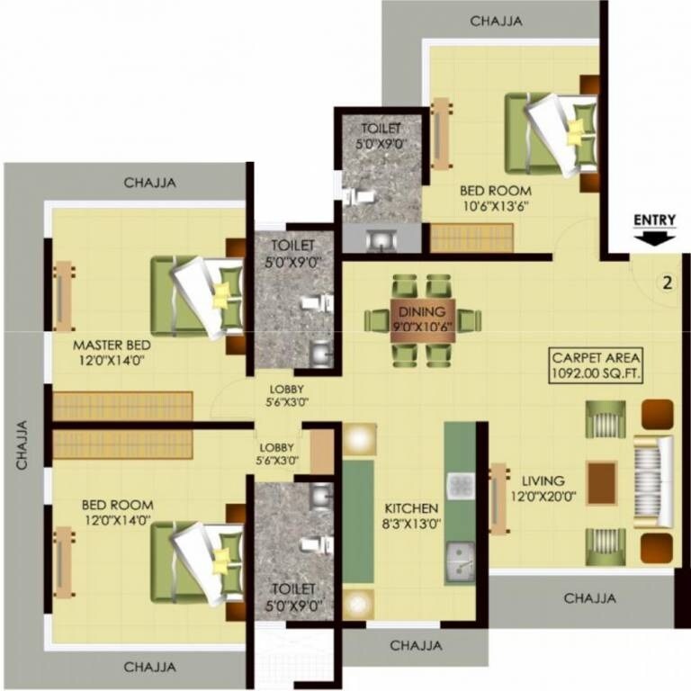 Floor plan of 3 BHK 1800 Sq. Ft. Apartment in Mayfair Page 3, Mumbai