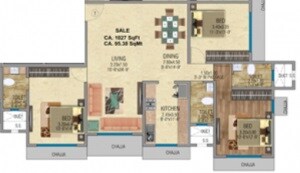 Floor plan of 3 BHK 1027 Sq. Ft. Apartment in Mayfair Sanskruti, Mumbai