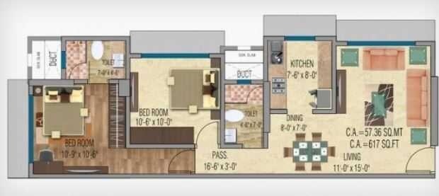 Floor plan of 2 BHK 617 Sq. Ft. Apartment in Mayfair Shyam, Mumbai