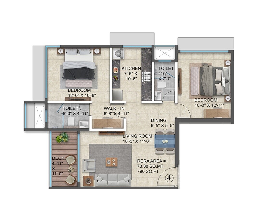 Floor plan of 2 BHK 790 Sq. Ft. Apartment in Mayur Park CHS, Mumbai