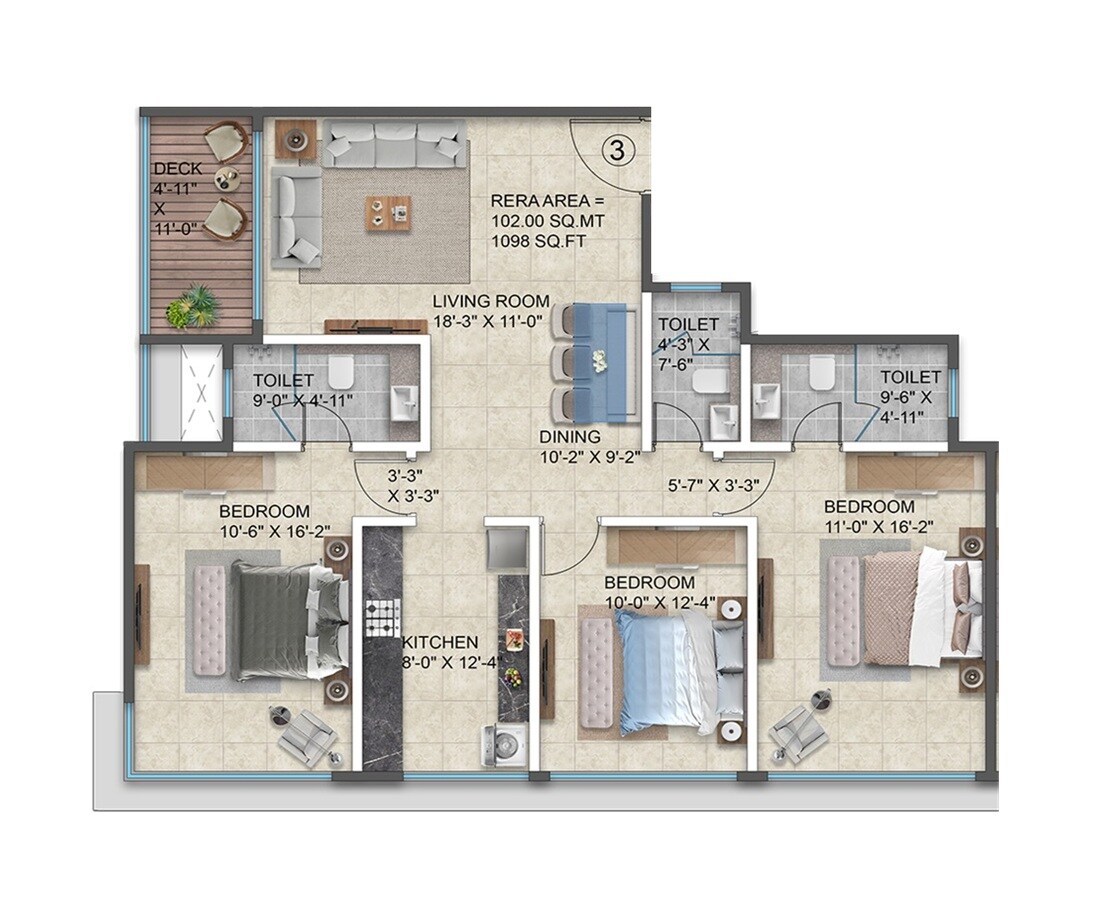 Floor plan of 3 BHK 1098 Sq. Ft. Apartment in Mayur Park CHS, Mumbai