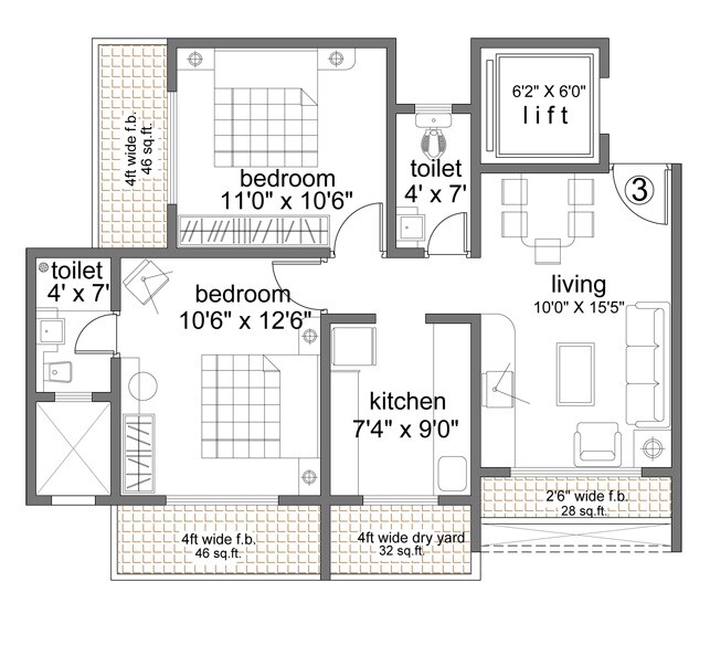 Floor plan of 2 BHK 875 Sq. Ft. Apartment in Mayuresh Residency Mumbai, Mumbai