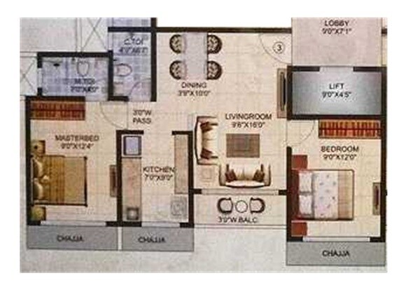 Floor plan of 2 BHK 927 Sq. Ft. Apartment in Mca  Gopeshwar Apartment, Mumbai