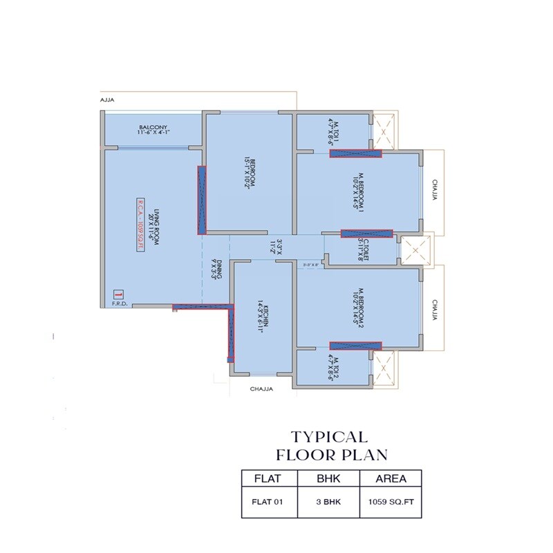 Floor plan of 3 BHK 1059 Sq. Ft. Apartment in MDM 9 Marina, Mumbai