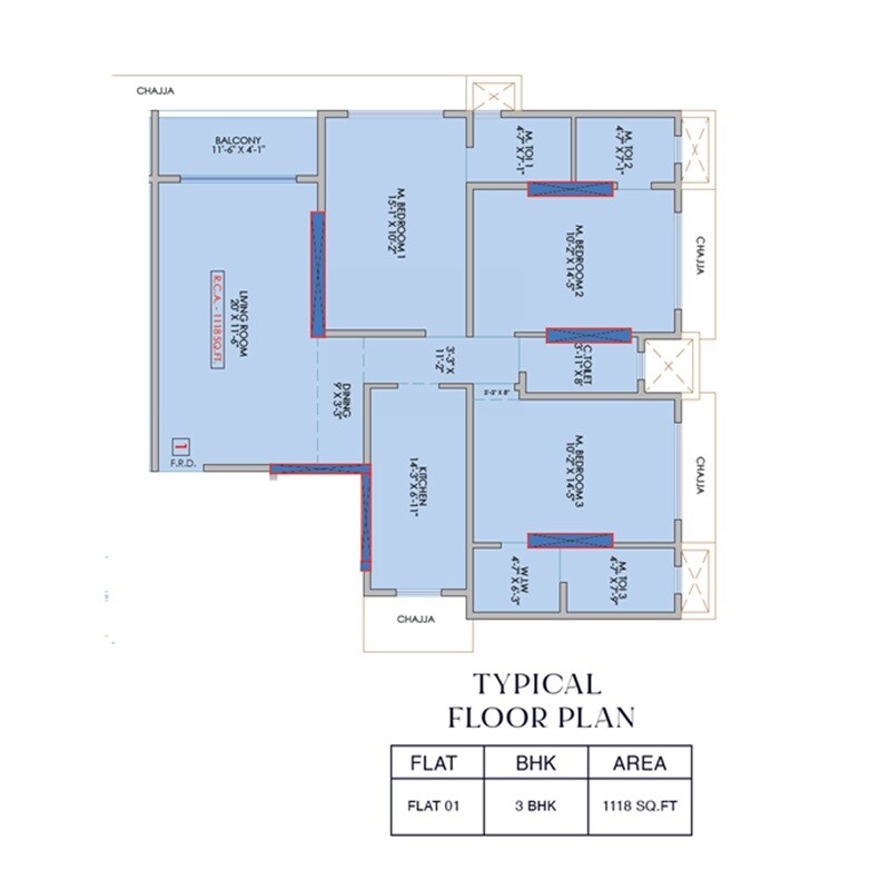 Floor plan of 3 BHK 1118 Sq. Ft. Apartment in MDM 9 Marina, Mumbai