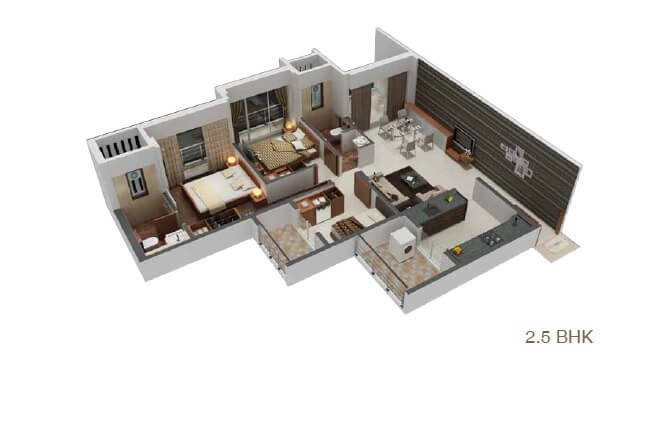 Floor plan of 2 BHK 639 Sq. Ft. Apartment in Aaress Meeras Empire, Mumbai