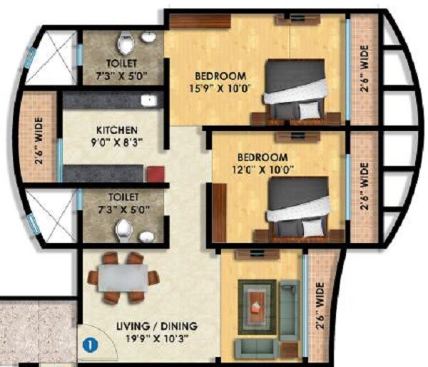 Floor plan of 2 BHK 796 Sq. Ft. Apartment in Mega Shiv Om Enclave, Mumbai