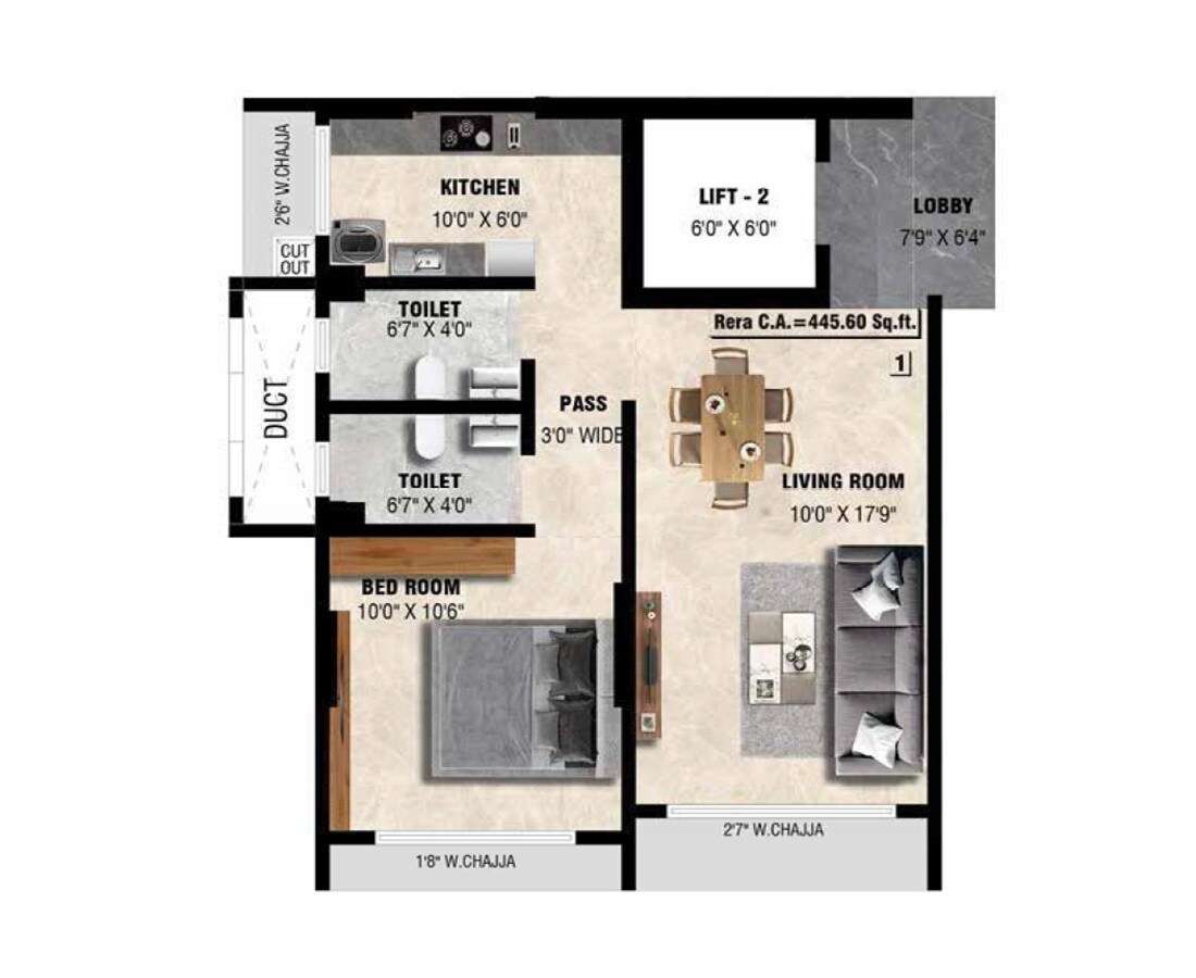 1 BHK 445 Sq. Ft. Apartment