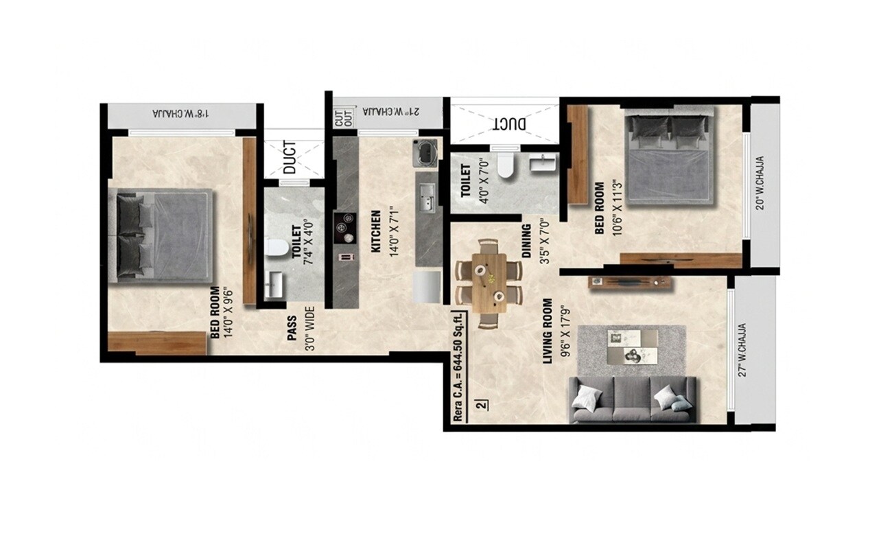 2 BHK 645 Sq. Ft. Apartment