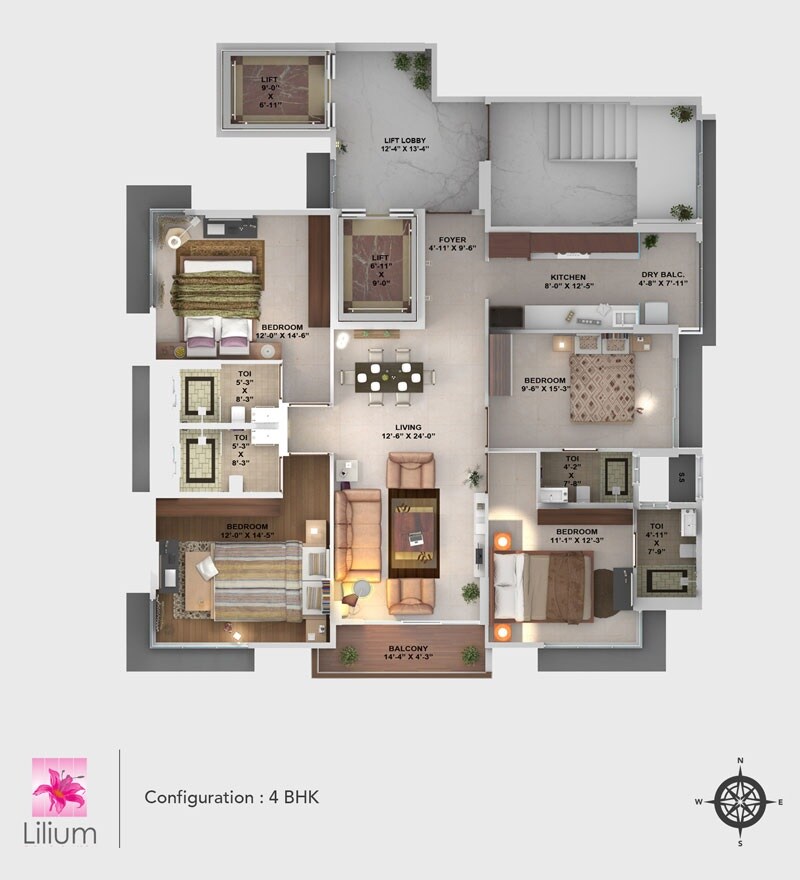 Floor plan of 4 BHK 1346 Sq. Ft. Apartment in Mehta Lilium, Mumbai