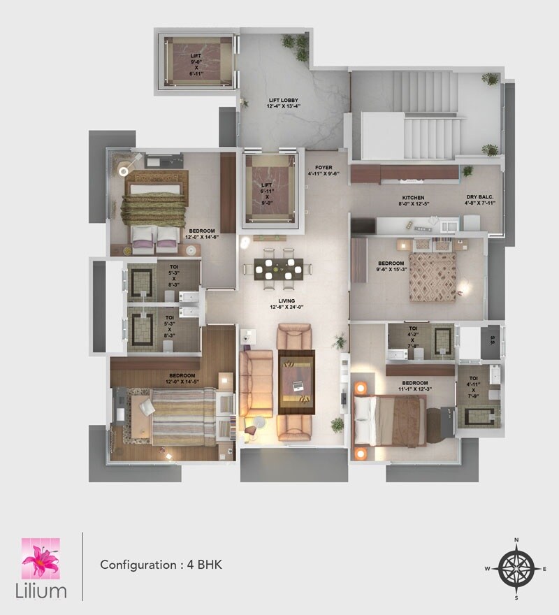 Floor plan of 4 BHK 1458 Sq. Ft. Apartment in Mehta Lilium, Mumbai