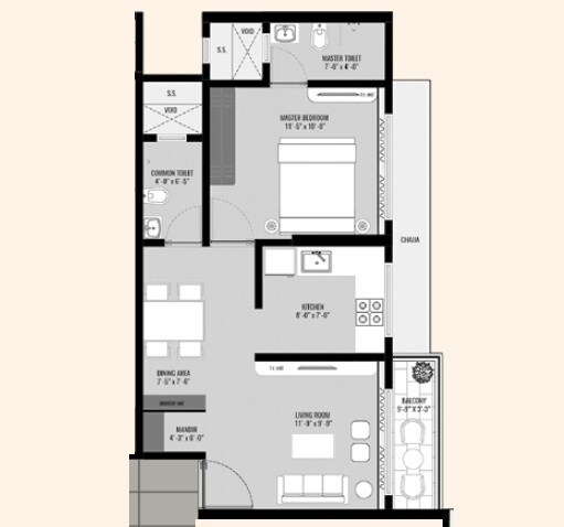 Floor plan of 1 BHK 380 Sq. Ft. Apartment in Mehta Onyx, Mumbai