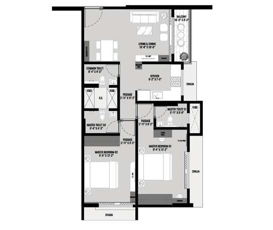 Floor plan of 2 BHK 676 Sq. Ft. Apartment in Mehta Onyx, Mumbai