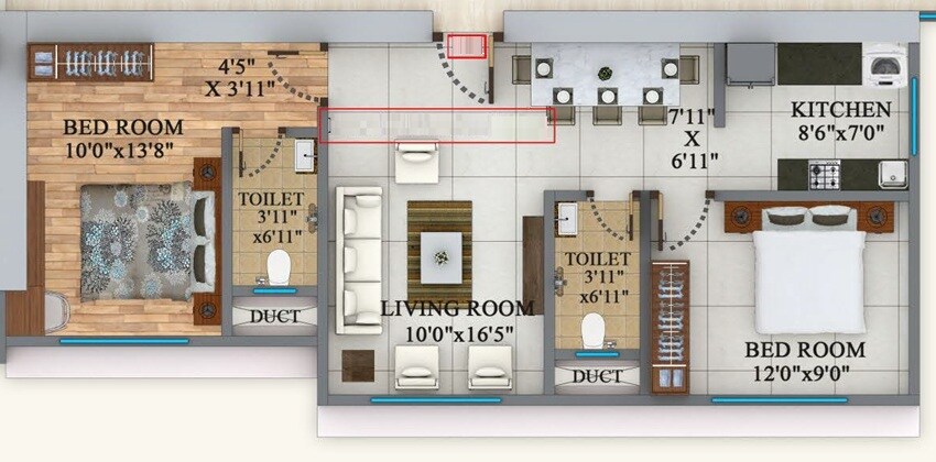 Floor plan of 2 BHK 655 Sq. Ft. Apartment in Mehta Sunshine Heights, Mumbai