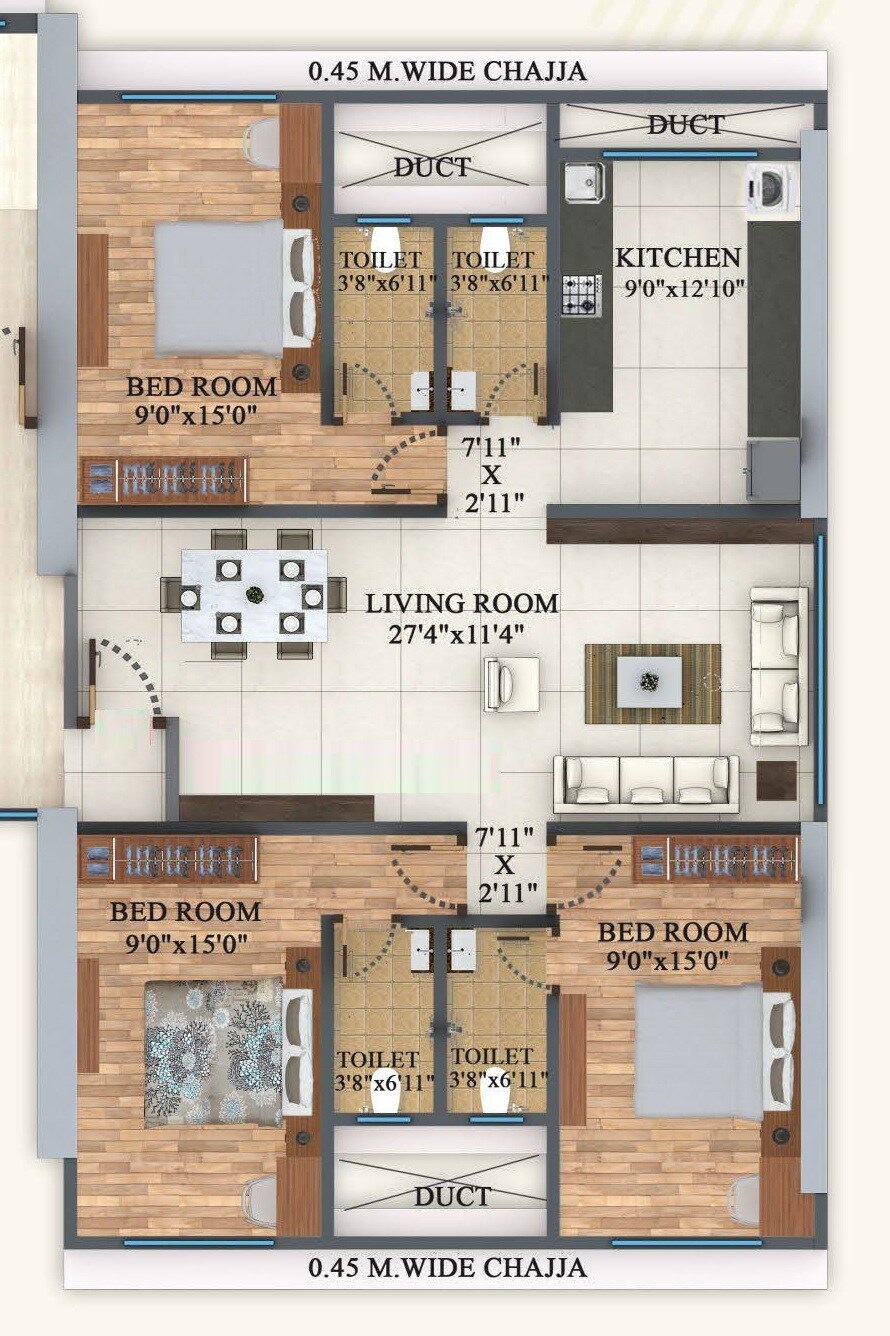 Floor plan of 3 BHK 1051 Sq. Ft. Apartment in Mehta Sunshine Heights, Mumbai