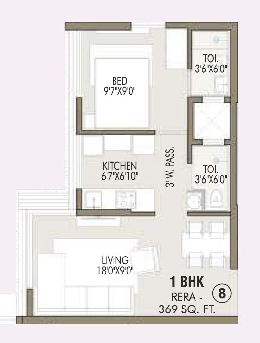 Floor plan of 1 BHK 369 Sq. Ft. Apartment in Meru Yojan One, Mumbai