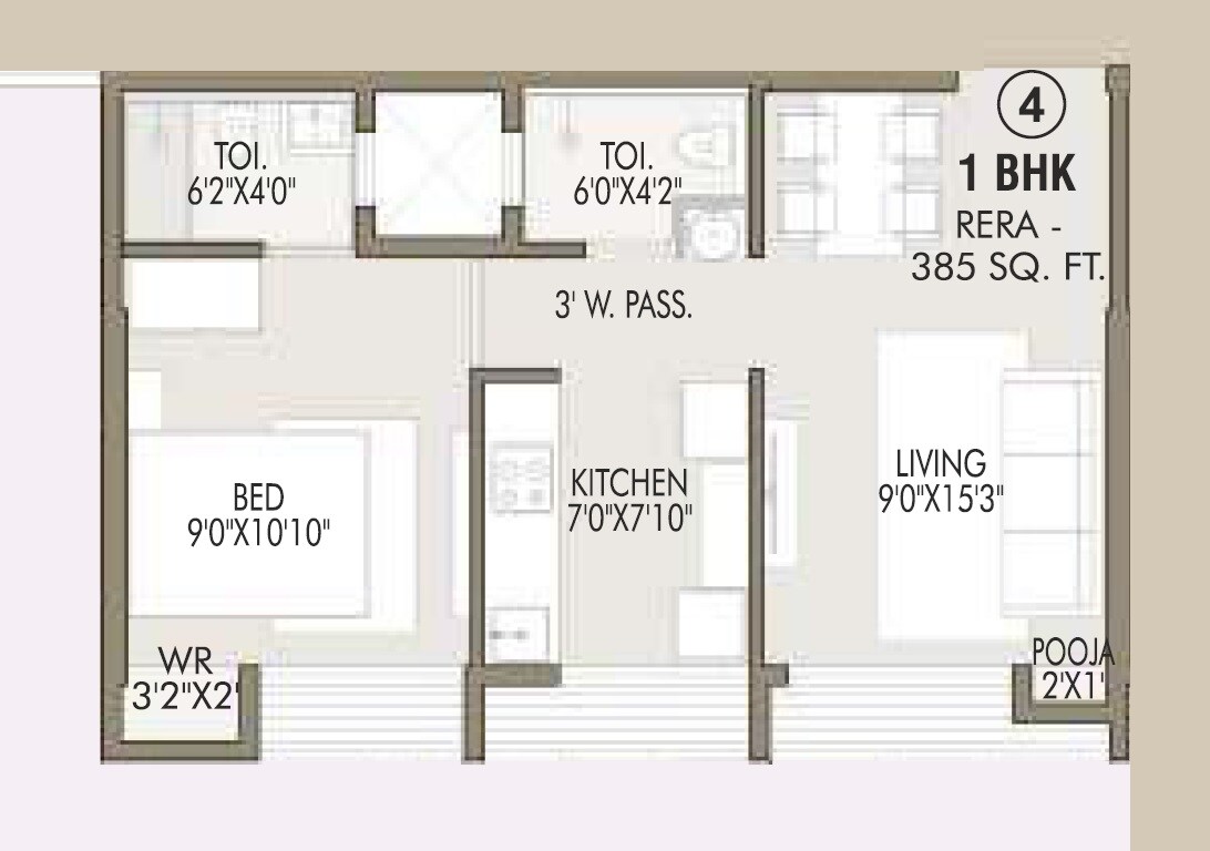 Floor plan of 1 BHK 385 Sq. Ft. Apartment in Meru Yojan One, Mumbai