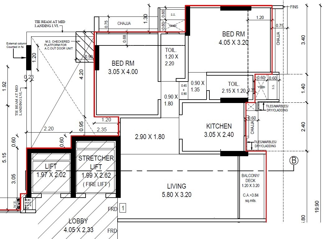 Floor plan of 2 BHK 806 Sq. Ft. Apartment in Mesacon Crown, Mumbai