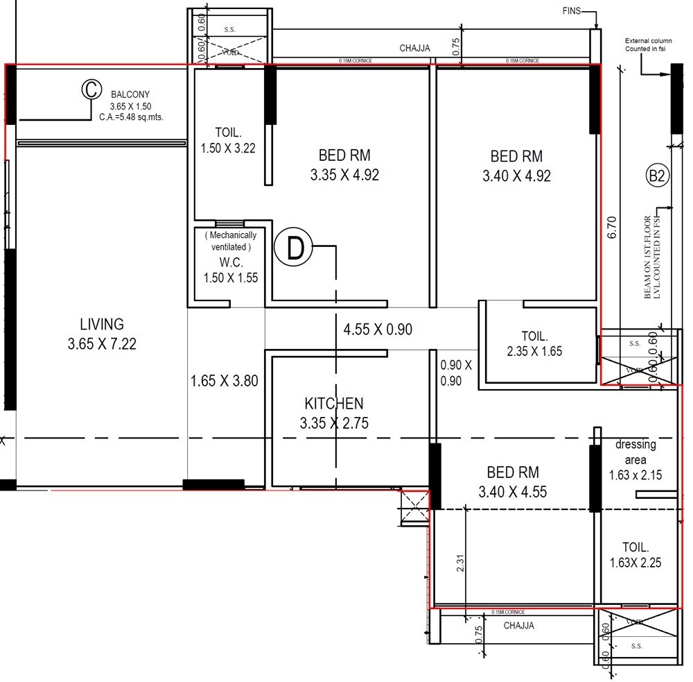 Floor plan of 3 BHK 1342 Sq. Ft. Apartment in Mesacon Crown, Mumbai