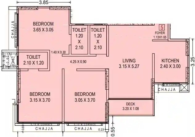 Floor plan of 3 BHK 1009 Sq. Ft. Apartment in Mesacon Greens, Mumbai