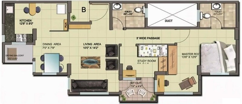Floor plan of 1 BHK 1040 Sq. Ft. Apartment in Metadesign Mblu, Mumbai