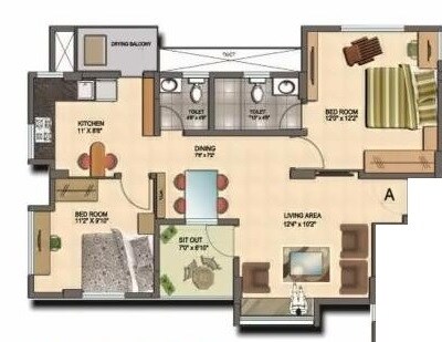 Floor plan of 2 BHK 1171 Sq. Ft. Apartment in Metadesign Mblu, Mumbai