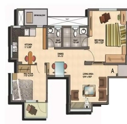Floor plan of 2 BHK 1135 Sq. Ft. Apartment in Metadesign Mblu, Mumbai
