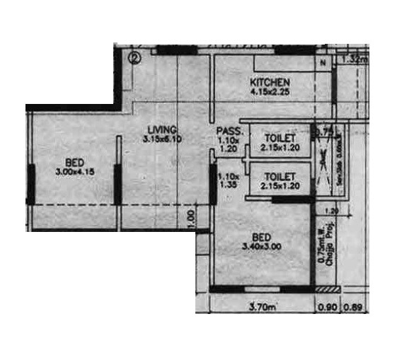 Floor plan of 2 BHK 624 Sq. Ft. Apartment in Metaface Yogprabha CHSL, Mumbai