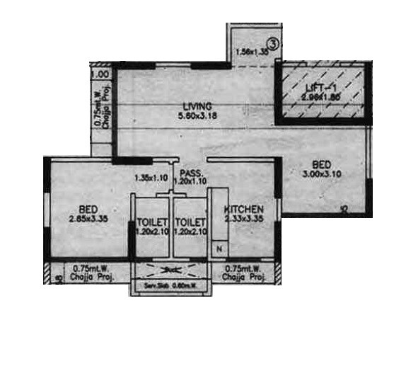 Floor plan of 2 BHK 675 Sq. Ft. Apartment in Metaface Yogprabha CHSL, Mumbai
