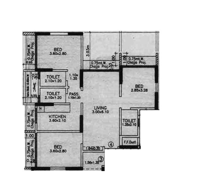 Floor plan of 3 BHK 763 Sq. Ft. Apartment in Metaface Yogprabha CHSL, Mumbai