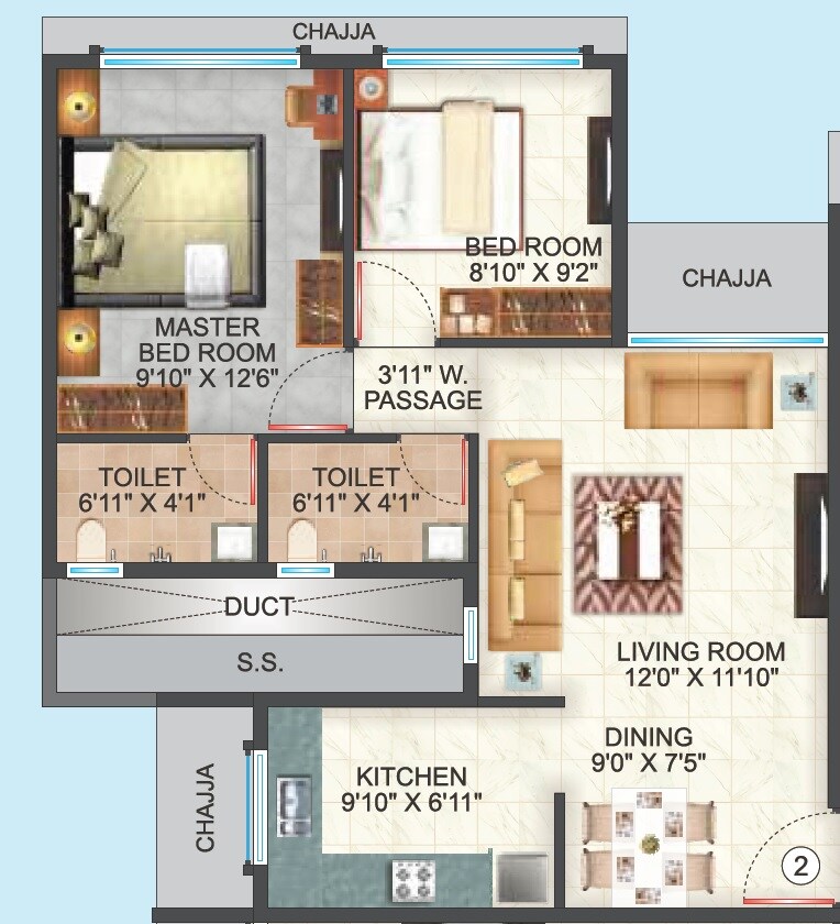 Floor plan of 2 BHK 614 Sq. Ft. Apartment in Metro Devbhoomi, Mumbai