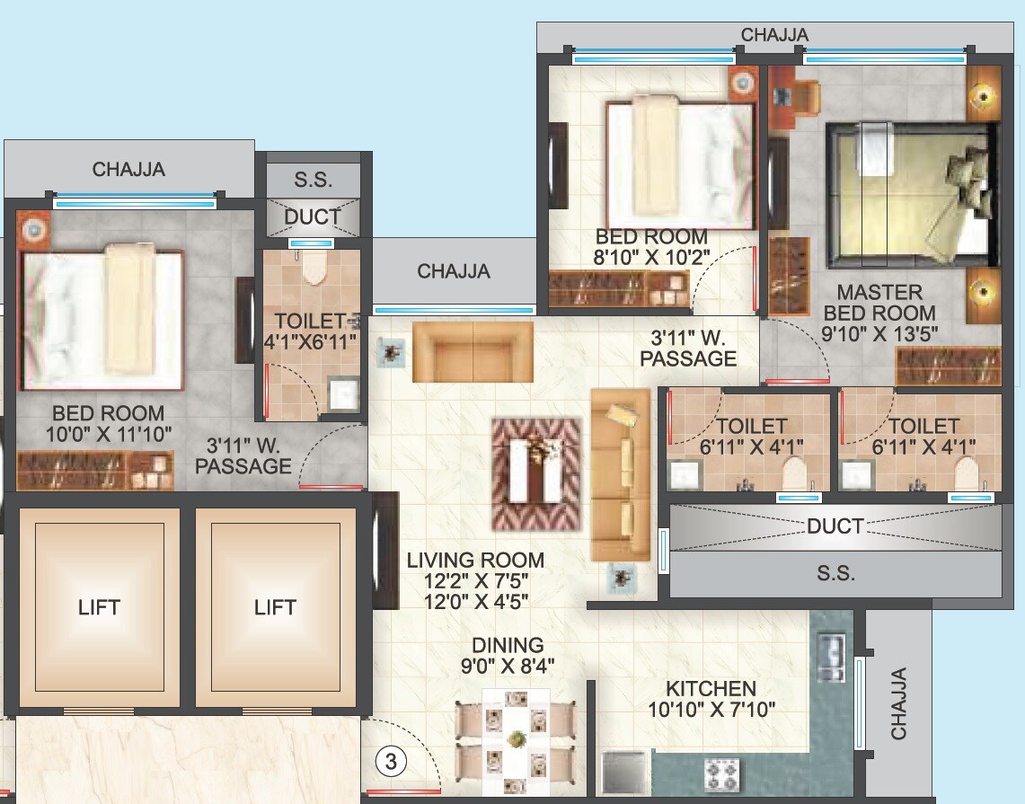 Floor plan of 3 BHK 868 Sq. Ft. Apartment in Metro Devbhoomi, Mumbai