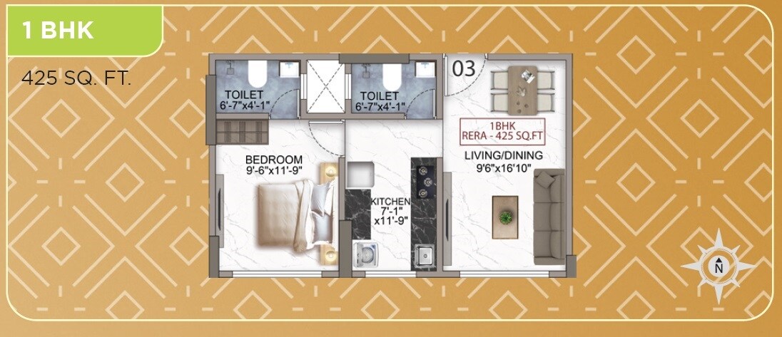 Floor plan of 1 BHK 425 Sq. Ft. Apartment in Metro Excellency, Mumbai