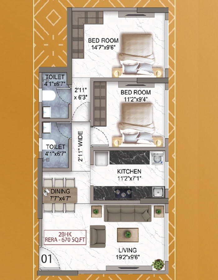 Floor plan of 2 BHK 670 Sq. Ft. Apartment in Metro Excellency, Mumbai