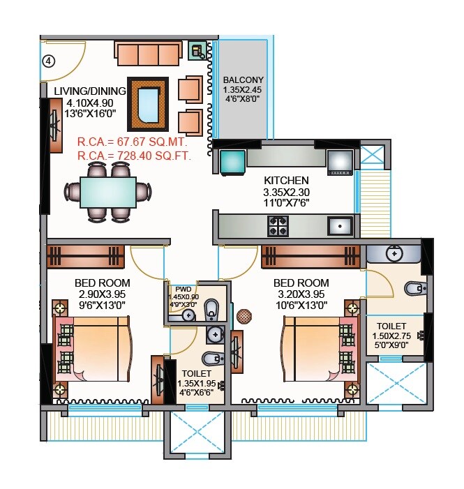 Floor plan of 2 BHK 728 Sq. Ft. Apartment in Metro Millennium, Mumbai