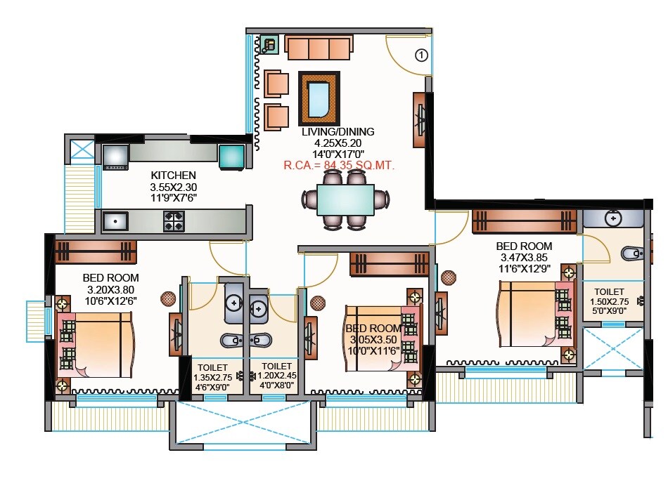 Floor plan of 3 BHK 904 Sq. Ft. Apartment in Metro Millennium, Mumbai