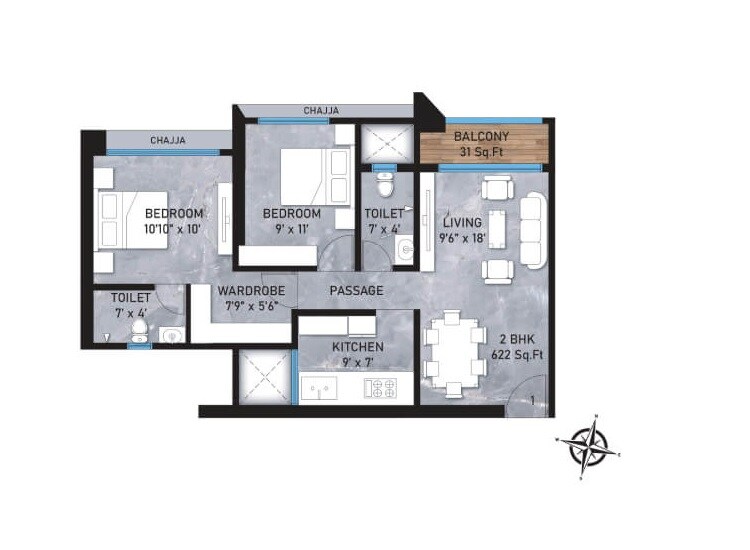 Floor plan of 2 BHK 622 Sq. Ft. Apartment in Metro Saraswati Square, Mumbai