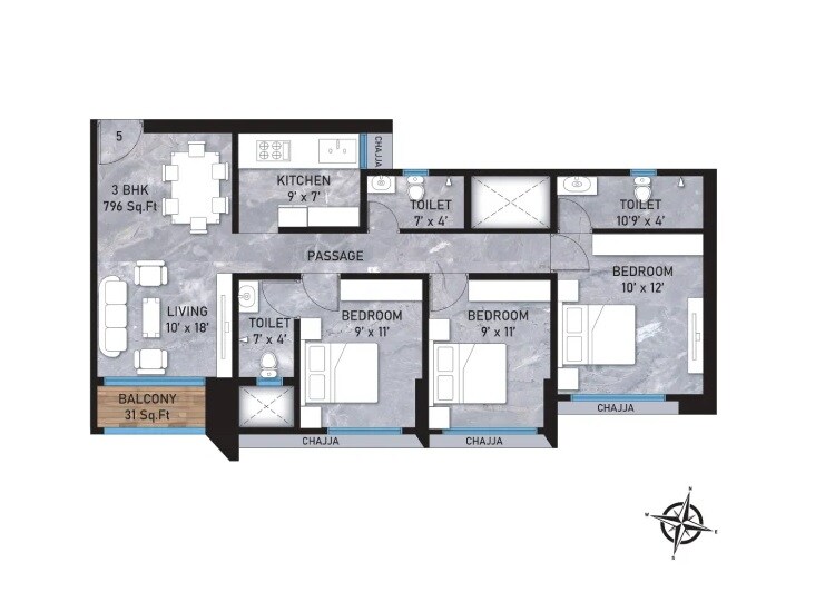 Floor plan of 3 BHK 796 Sq. Ft. Apartment in Metro Saraswati Square, Mumbai