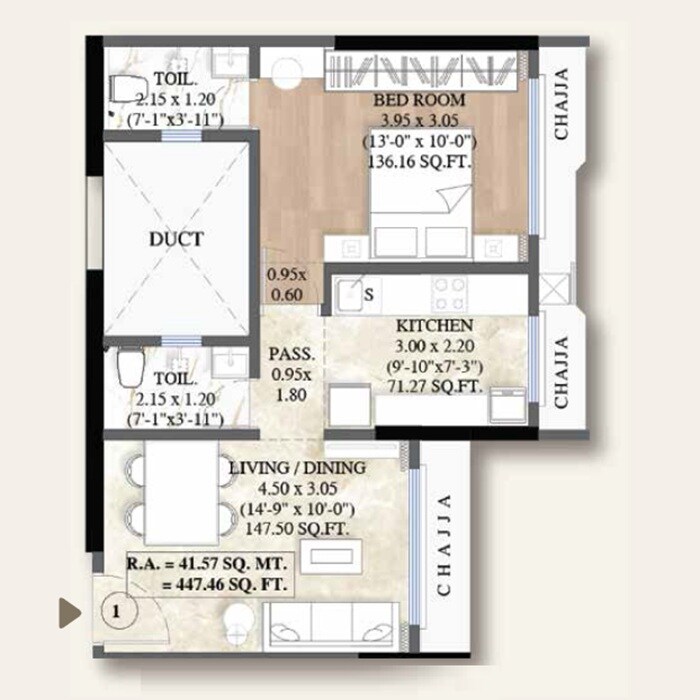 Floor plan of 1 BHK 447 Sq. Ft. Apartment in Mhatre White Orchid Residency, Mumbai