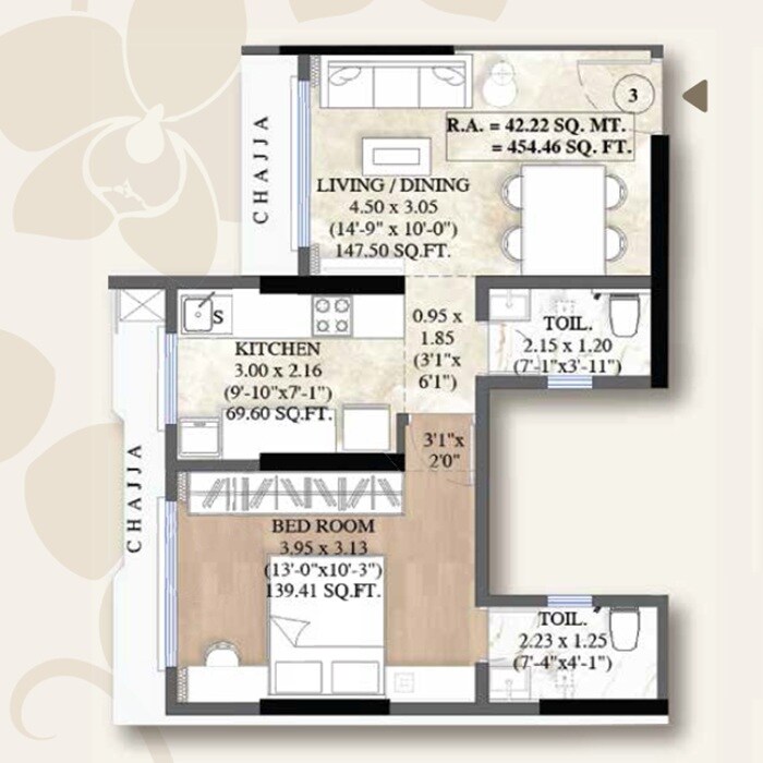 Floor plan of 1 BHK 454 Sq. Ft. Apartment in Mhatre White Orchid Residency, Mumbai
