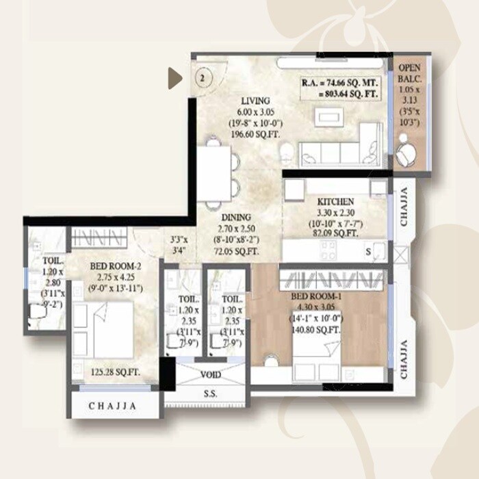 Floor plan of 2 BHK 803 Sq. Ft. Apartment in Mhatre White Orchid Residency, Mumbai