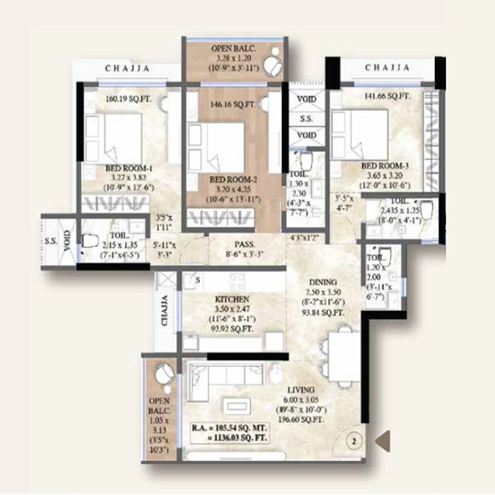 Floor plan of 3 BHK 1136 Sq. Ft. Apartment in Mhatre White Orchid Residency, Mumbai