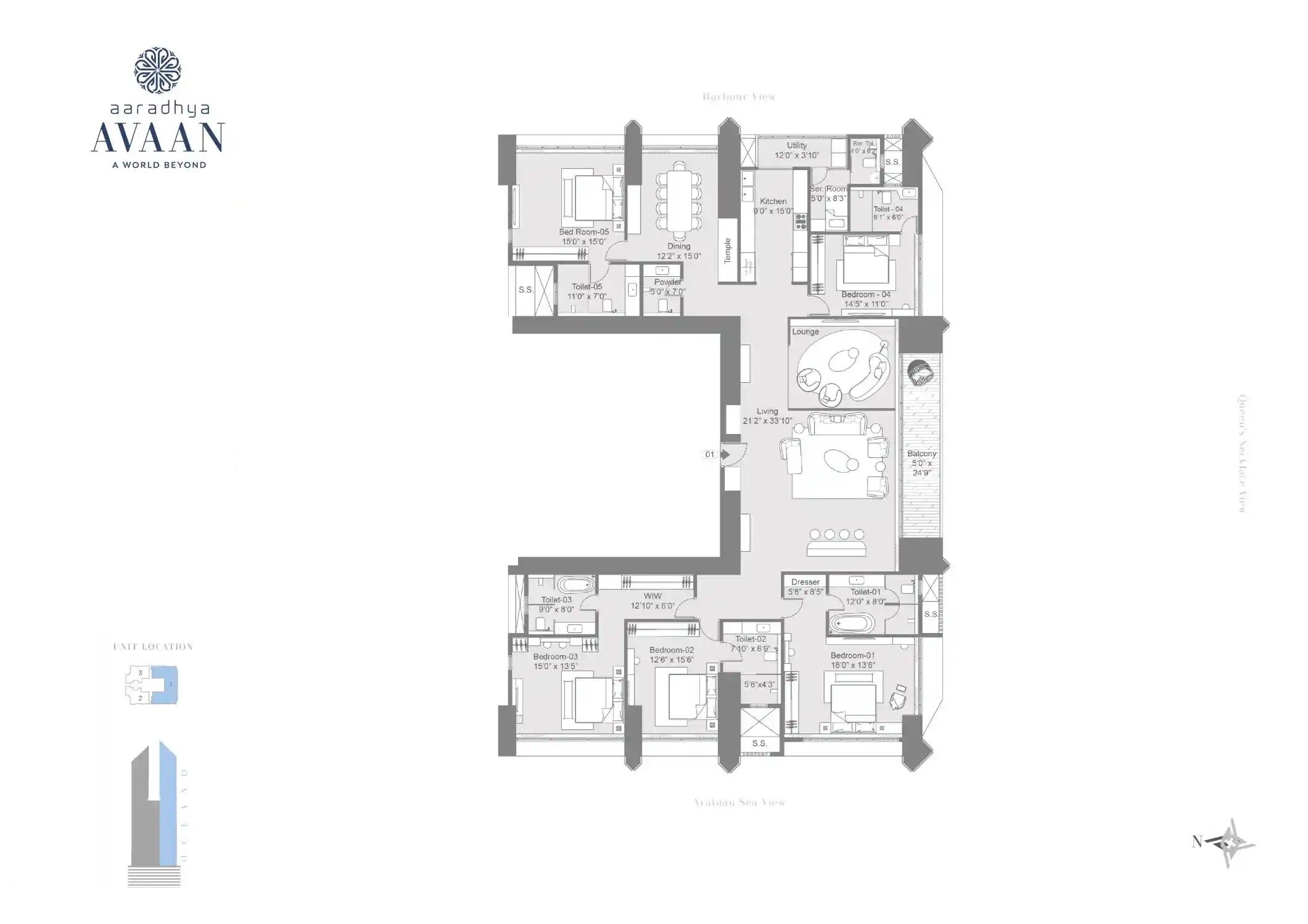 Floor plan of 5 BHK 3200 Sq. Ft. Apartment in MICL Aaradhya Avaan, Mumbai