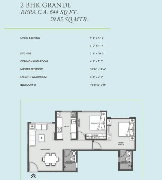 Floor plan of 2 BHK 644 Sq. Ft. Apartment in MICL Aaradhya Eastwind, Mumbai