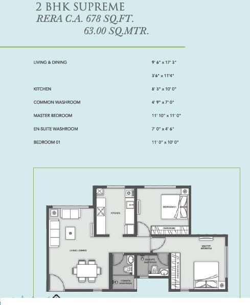 Floor plan of 2 BHK 678 Sq. Ft. Apartment in MICL Aaradhya Eastwind, Mumbai