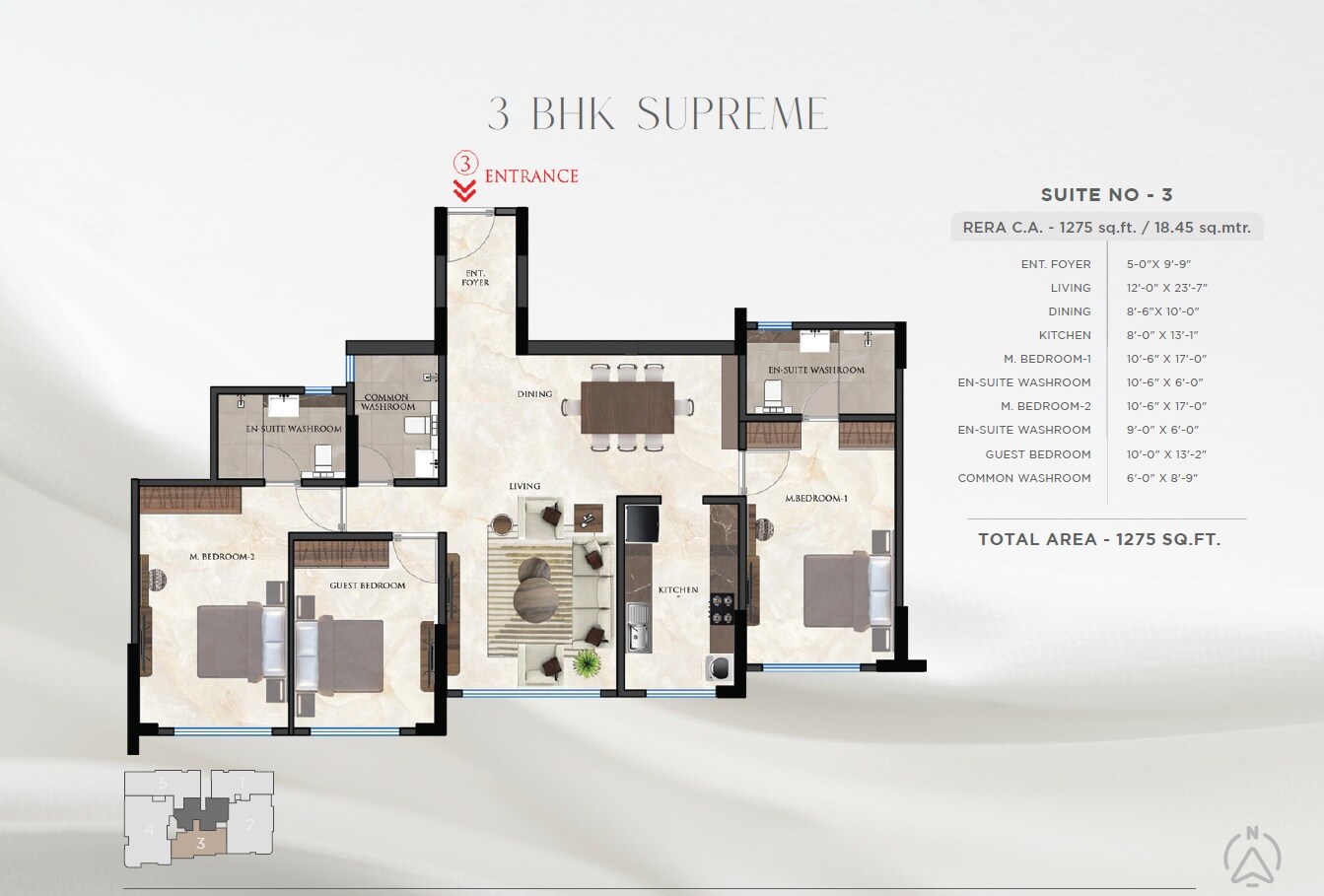 Floor plan of 3 BHK 1275 Sq. Ft. Apartment in MICL Aaradhya Evoq, Mumbai