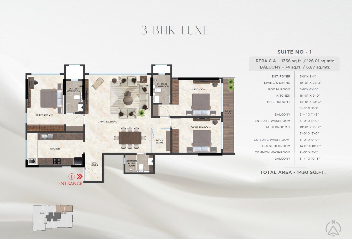 Floor plan of 3 BHK 1356 Sq. Ft. Apartment in MICL Aaradhya Evoq, Mumbai