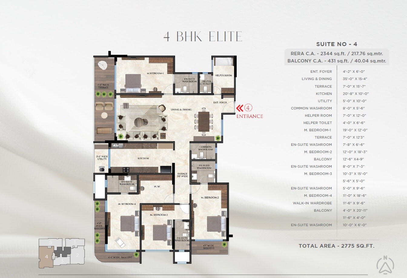 Floor plan of 4 BHK 2344 Sq. Ft. Apartment in MICL Aaradhya Evoq, Mumbai