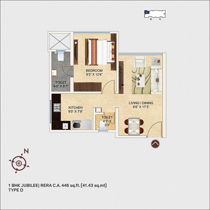 Floor plan of 1 BHK 446 Sq. Ft. Apartment in MICL Aaradhya Nine, Mumbai